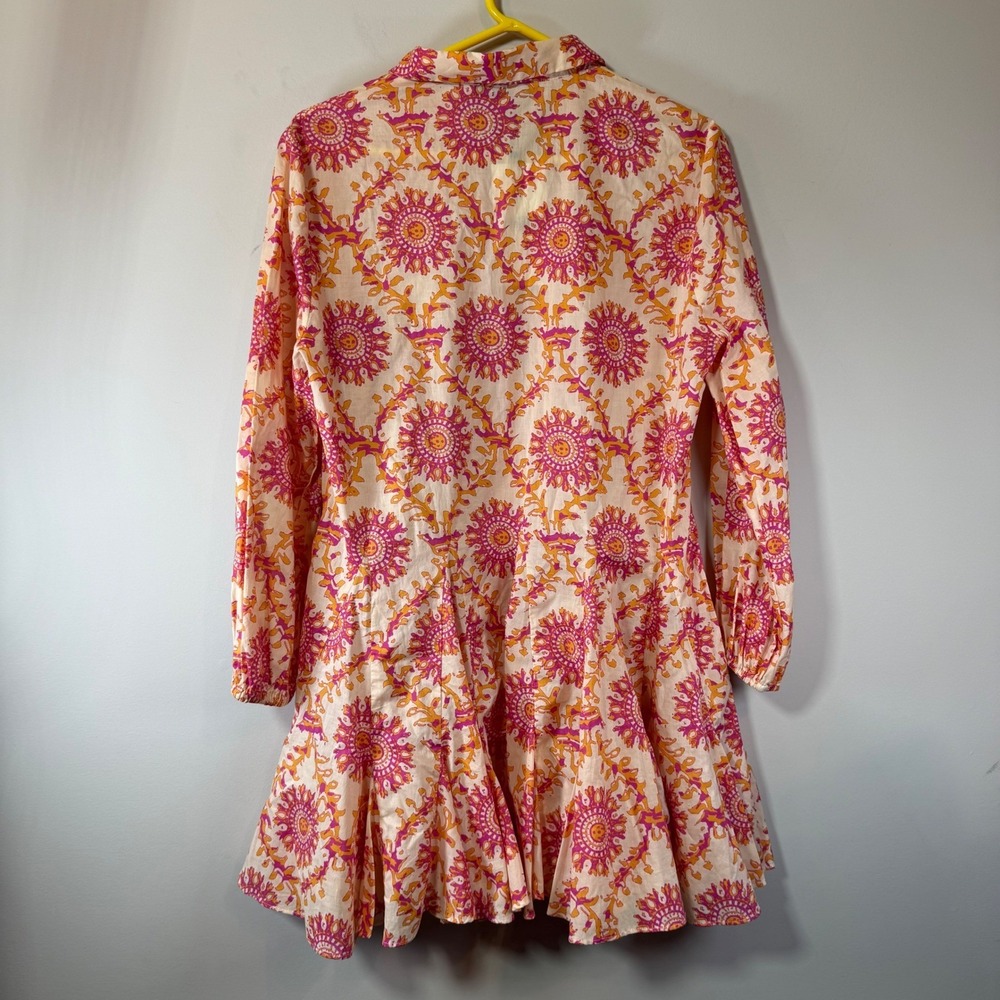 NWT Zara Sun Medallion Mini Dress Women L Pink Orange Ruffle Cotton Boho No Belt - Picture 2 of 8
